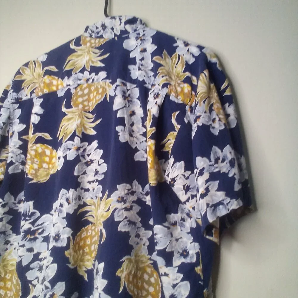 Newport Blue Shirt Men S Button Up Short Sleeve Tropical Floral Pineapple Blue - Picture 14 of 14